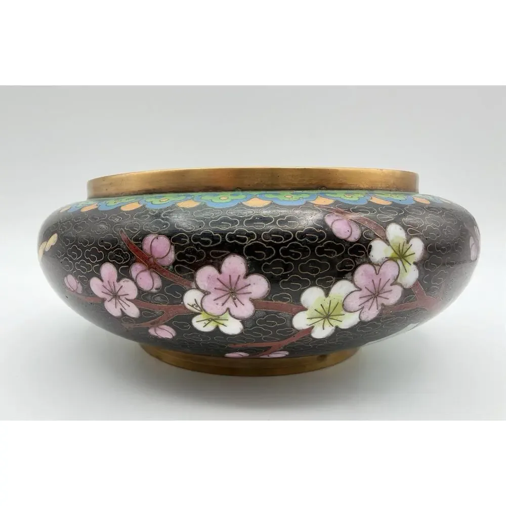 Chinese Cloisonné Lidded Bowl Hand Painted Enamel Flowers & Butterflies Vintage